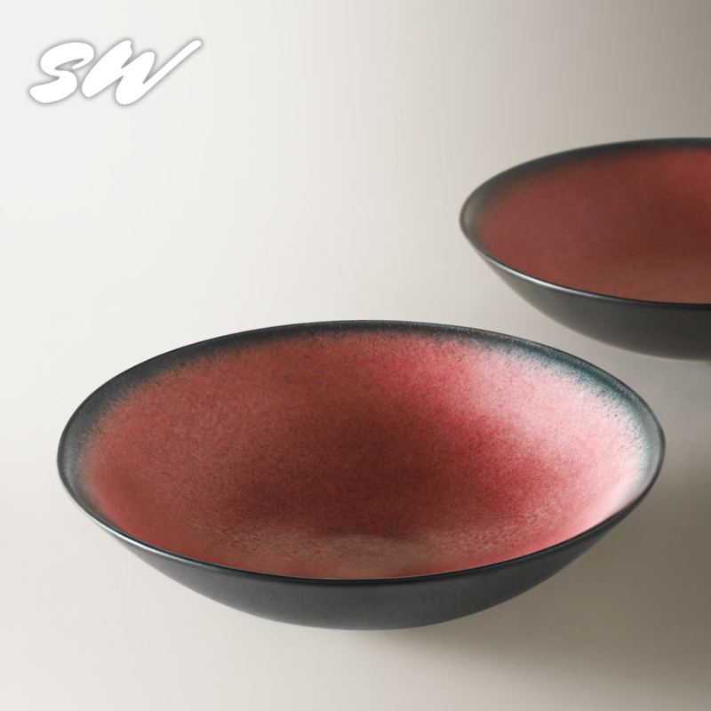 Three Mist Japanese-Style Ceramic Soup Bowl, Noodle Bowl, Salad Bowl, Retro Red Tableware, Creative Large Bowl, Soup Basin, Plate for Home Use