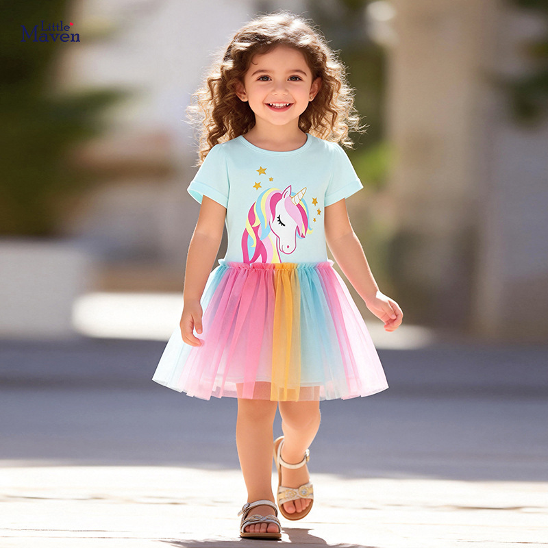 Little Maven Summer Kidsren's Dress Cartoon Unicorn European and American Kidsren's Dress Baby Mesh Princess Dress