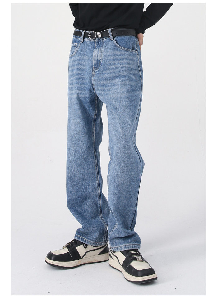 Quần jean nam ống thẳng lửng 9 tấc dáng rộng giặt wash phong cách Hàn Quốc — Màu đen, Denim xanh, Xanh lam đậm, Đen Xám chi tiết 7