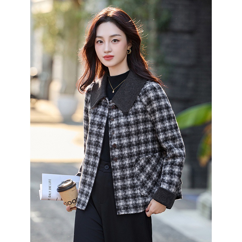 Plaid Woolen Wool Short Outwear for Women 2025 Spring & Fall New Style Doll Collar Small Slim Versatile Woolen Outwear