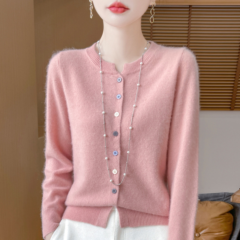 25 Autumn/Winter New Style 100% Pure Wool Cardigan for Women, Round Neck Long Sleeve Knitted Sweater, Loose Cashmere Sweater Jacket Top