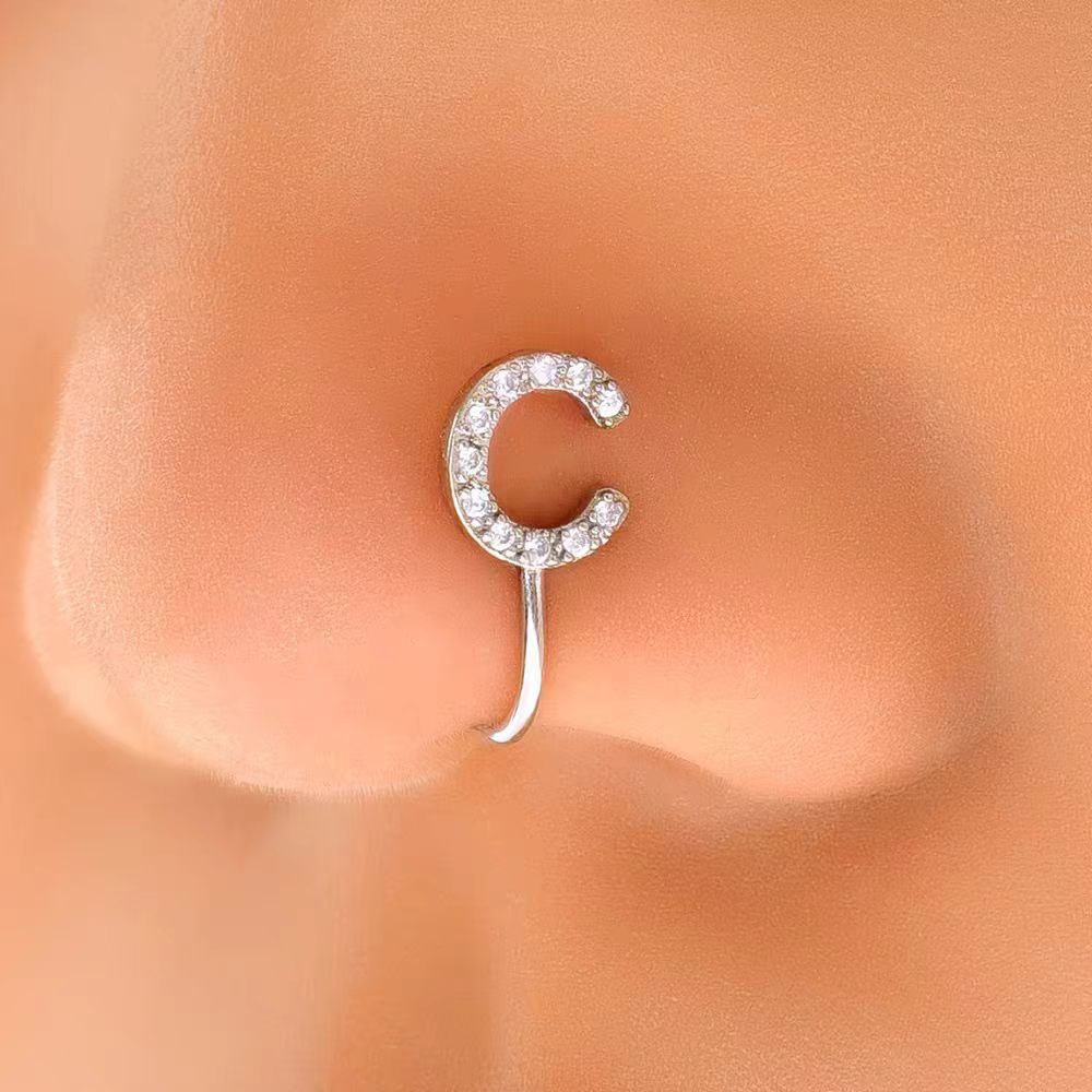26 Letter Initial Micro-Set CZ Nose Clip Fake Nose Ring No-Pierce Nose Jewelry Fashion Accessory detail image 9