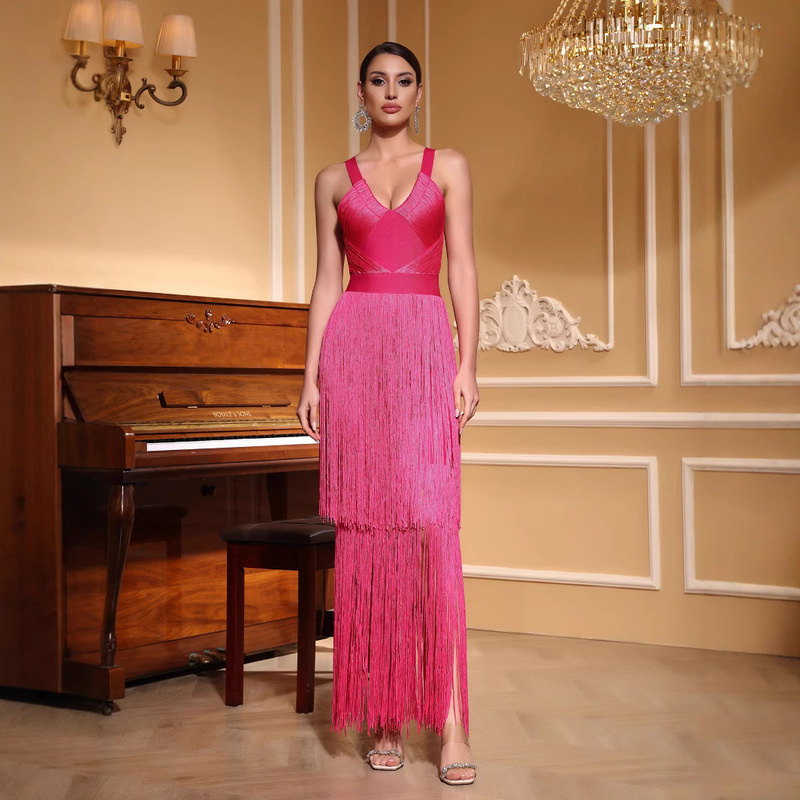 Cross-Border Two-Color Popular Tassel Bandage Dress for Women's Banquet Red Carpet Slimming Look Deep V High-Definition Star Style