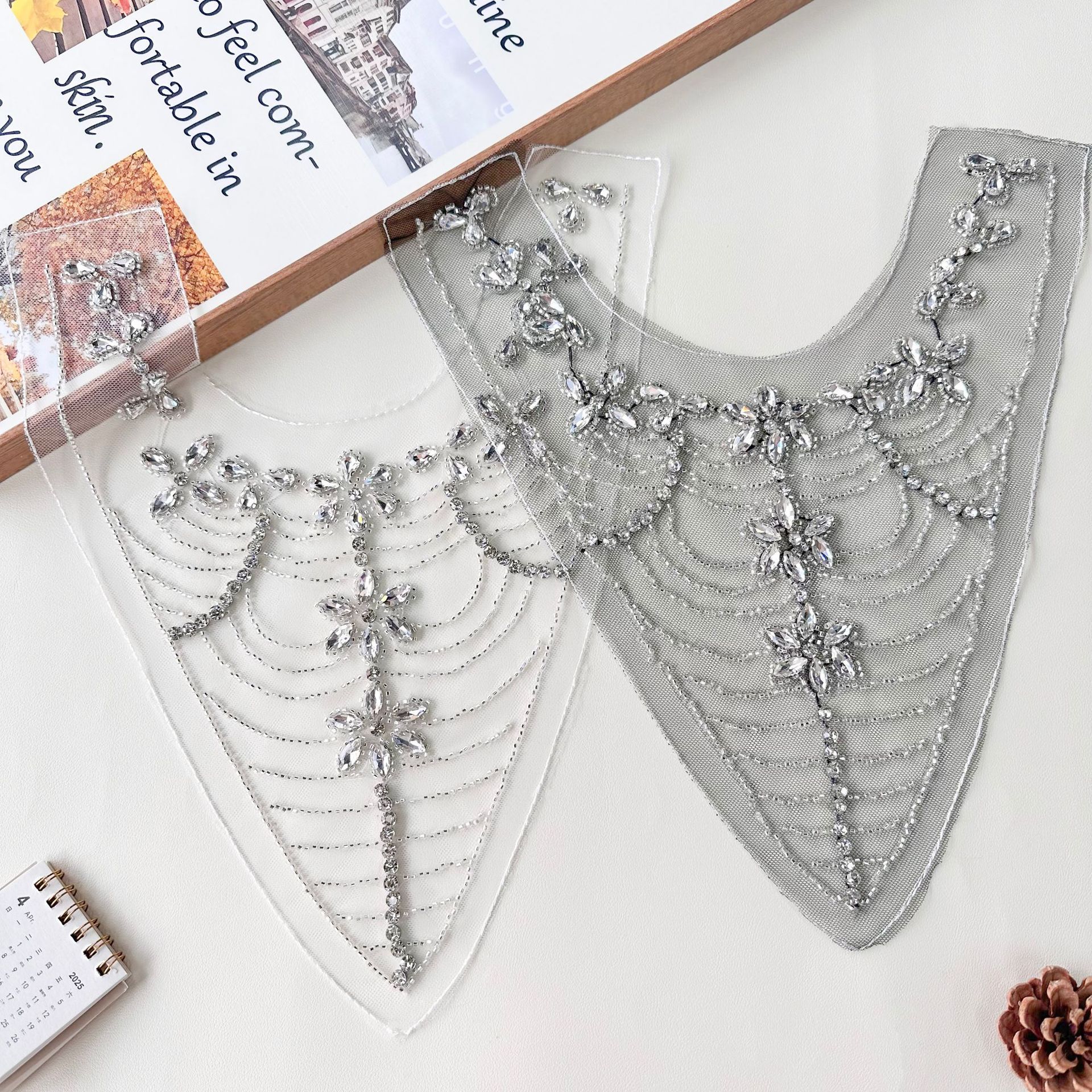 ¡Explosiva! Malla, diamantes de imitación, pegatinas de cuello tridimensional, vestido de novia, accesorios de decoración de ropa, venta rápida