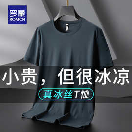 罗蒙男士冰丝短袖T恤夏季薄款圆领网眼速干休闲运动爸爸上衣服体