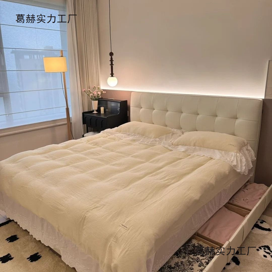 Italian Minimalist Waffle Black Leather Double Bed Modern Simple Small Apartment Master Bedroom High-End Storage Wedding Bed