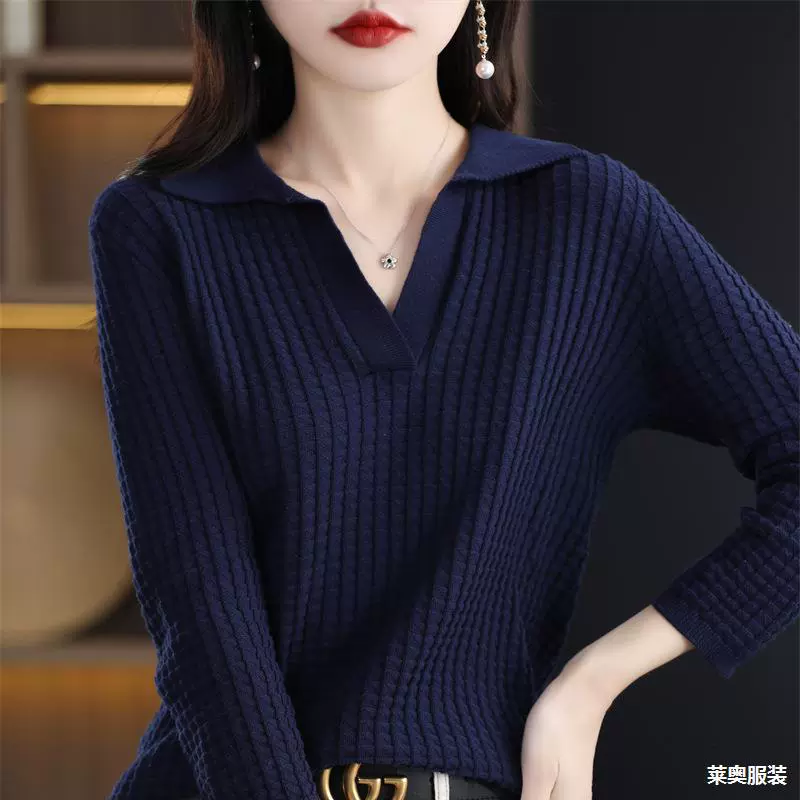 POLO воротник из чистого хлопка трикотажный полурукав темпераментный топ весна и осень новый тонкий семиконечный рукав с отворотом трикотажный свитер женский