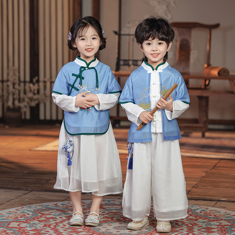 Hanfu boy and girl traditional Chinese children's modified ancient costume set with national style Tang suit for babies, suitable for Chinese folk performance outfits.