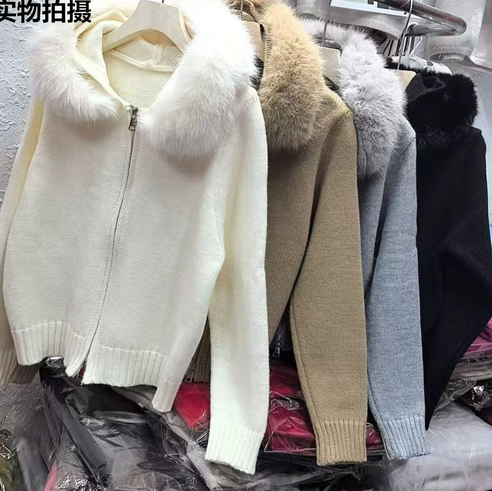Капюшонный связанный свитер, женский, кардиган-куртка из вязки, отделка искусственным мехом, One Size
