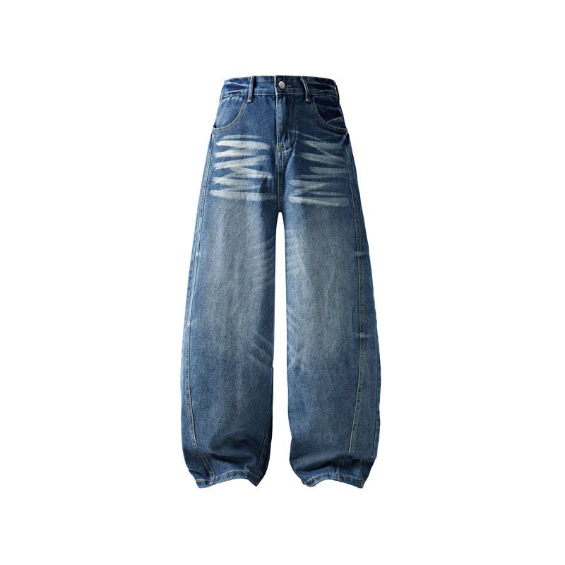 深蓝色cleanfit水洗做旧折痕阔腿牛仔裤男款潮牌宽松直筒拖地裤子