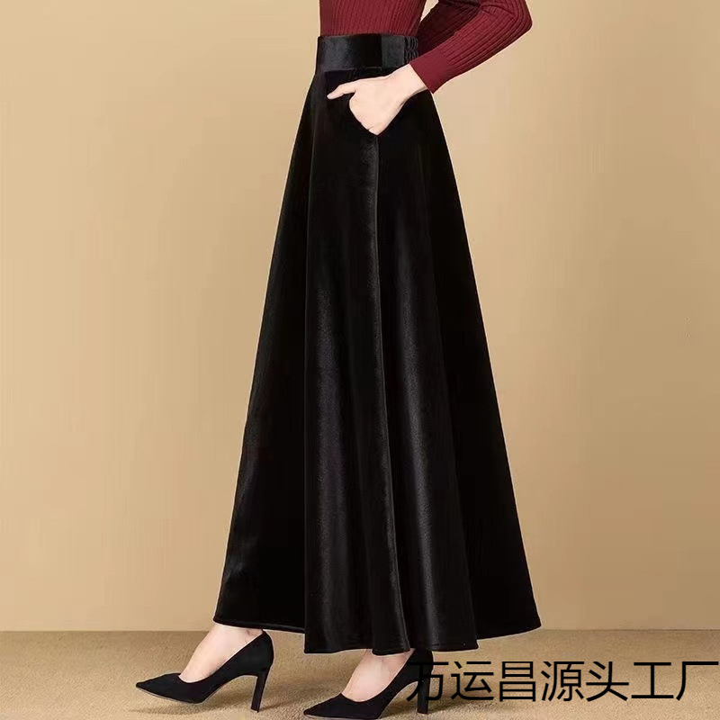 Gold velvet elastic half-length large swing skirt A- line skirt women's large size skirt high waist slim Korean style versatile black Gold velvet elastic half-length large swing skirt A- line skirt women's large size skirt high waist slim Korean style versatile black