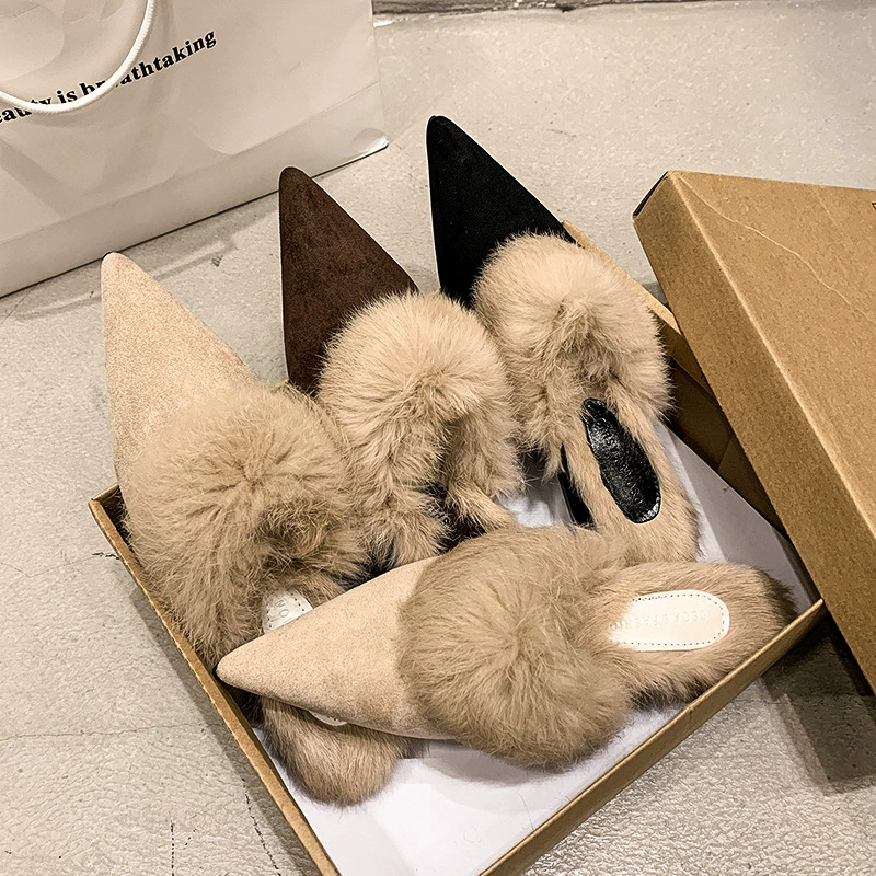 Новые женские полусапожки-мюли с острым носком, мехом и высоким каблуком-шпилькой, теплые, закрытые, осень-зима 2025