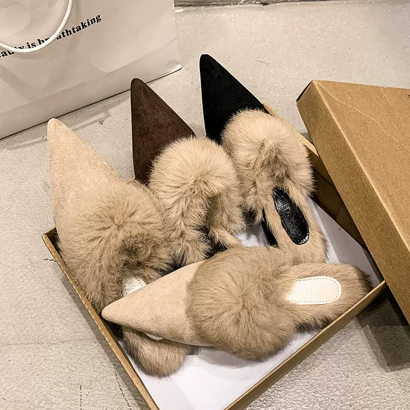 秋冬2025新款尖头毛毛保暖细跟高跟半拖鞋女包头穆勒鞋拖鞋