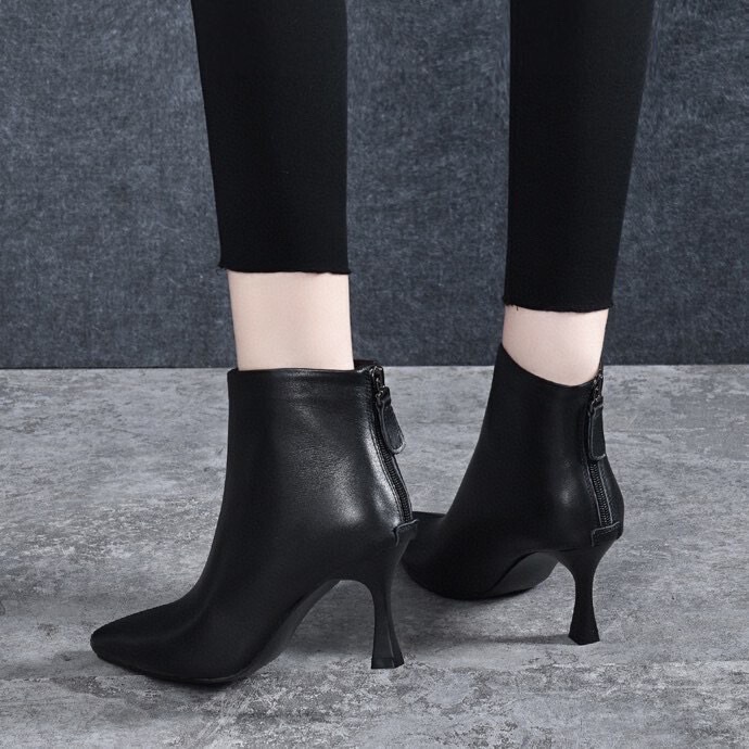 Women's Pointed High Heel Boots Fashion Ankle Boots 2023 Autumn New Naked Boots Top Layer Cowhide Rear Zipper Women's Leather Boots