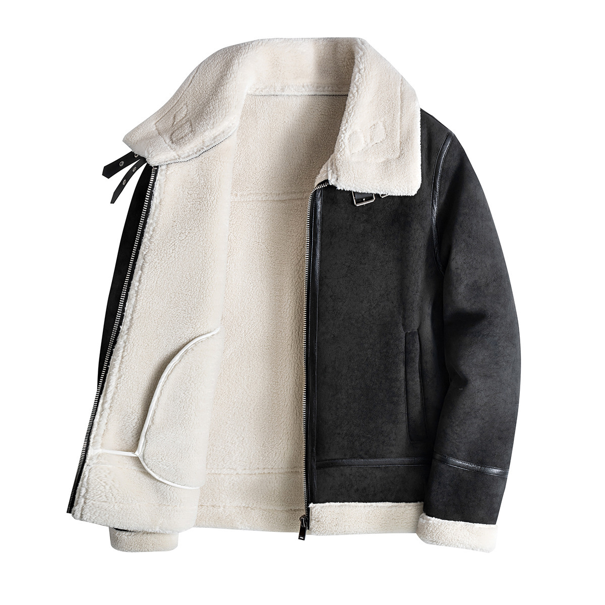 Men’s Genuine Sheepskin & PU Leather Biker Jacket – Short Bomber Style, Retro Collar, Slim Fit (M-4XL)_voghion.com