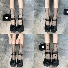 Japanese-style black JK mid-calf socks for women, lace mesh puffy short socks—ultra-thin, sheer, with a diamond pattern, Instagram-worthy for summer