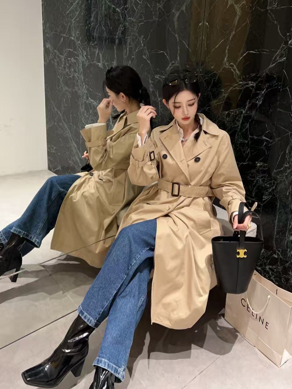 2025 Stylish Double-Breasted Lapel Mid-Length Trench Coat Versatile Casual High-End Jacket for Women British Style