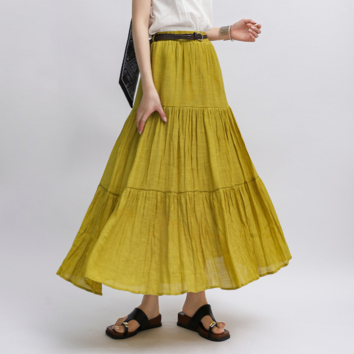 Feiyuan Spring/Summer New Solid Color Crinkled Cotton Skirt Ethnic Style Flared Skirt Plain Artistic Cotton Linen Skirt Beach Long Skirt Feiyuan Spring/Summer New Solid Color Crinkled Cotton Skirt Ethnic Style Flared Skirt Plain Artistic Cotton Linen Skirt Beach Long Skirt