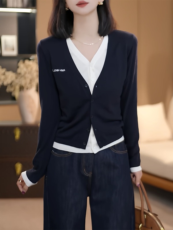 韩系时尚精致的假两件设计款长袖针织开衫女2025秋季新款减龄上衣|undefined