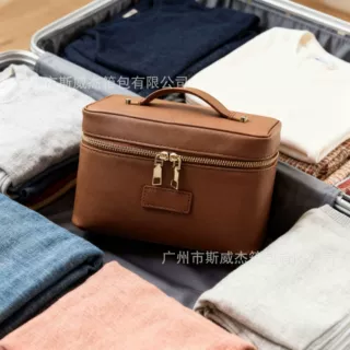 跨境热销PU手提方形化妆包带隔层大容量便携皮革化妆品收纳化妆包