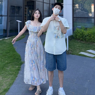 2025 Couple Outfits One Dress One Skirt One Shoulder Two Wear Short Sleeve Dress Spliced ​​Shirt Men's Style