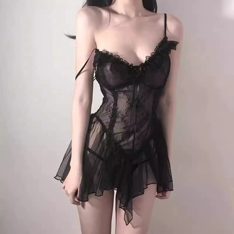 Кружевное babydoll ночнушка, полупрозрачная юбка из сетки с push-up чашечками, черная/белая, размеры Avg/Large