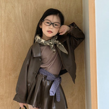 大小卷儿童皮衣外套25秋新款女宝韩版洋气纯色翻领纽扣皮衣百褶裙