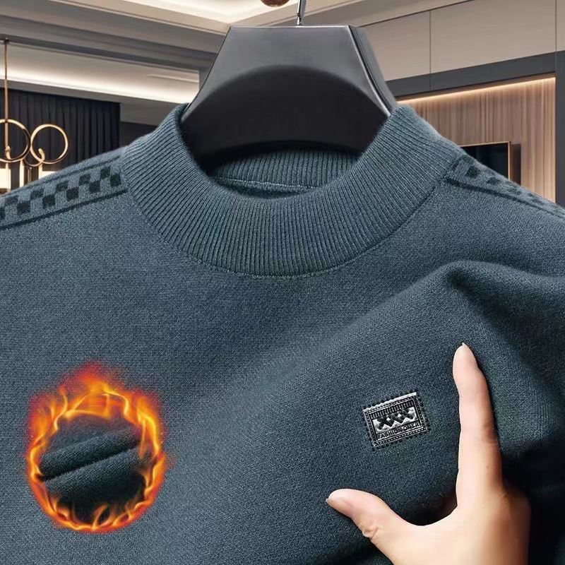羊毛衫秋冬季纯色加绒毛衣圆领保暖打底园领针织衫中年百搭男士