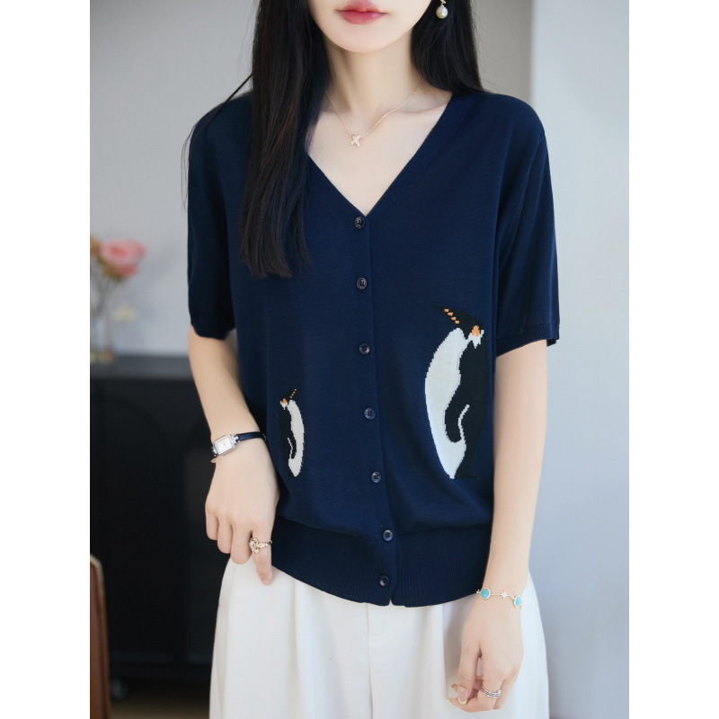 2026 Spring and Summer New Style Tencel Lyocell V-Neck Knitted Cardigan Short-Sleeved Women's Penguin Jacquard Navy Blue Top