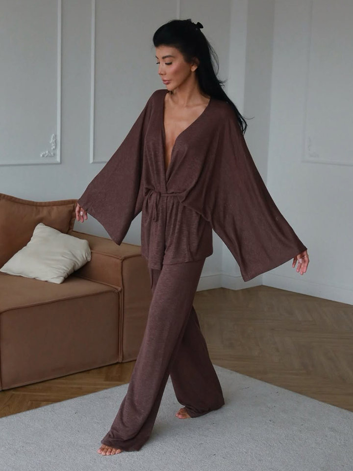 Bộ đồ ngủ nữ dài tay chất liệu modal phong cách thoải mái mặc nhà — Màu nâu, Trắng