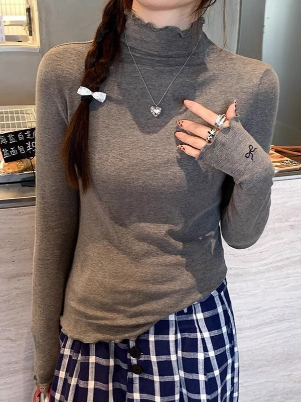 半高领德绒打底衫女2025新款秋冬内搭灰色木耳边蝴蝶结高级感上衣|undefined