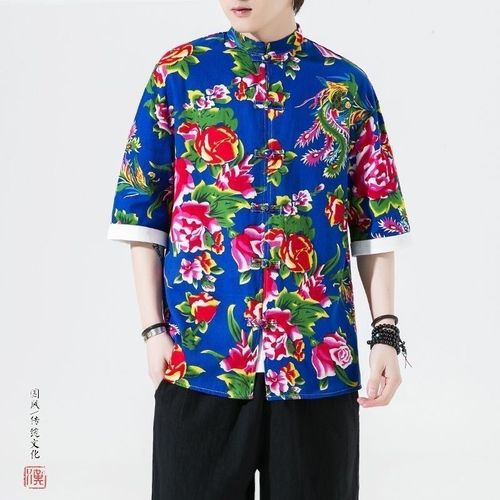Northeast floral shirt with Chinese style Tangzhuang for men, summer large size, large flowers, short sleeve, best man's suit, national trend ethnic style