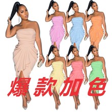 DY6984亚马逊欧美女装性感抹胸露肩礼服收腰修身纯色抽褶连衣裙