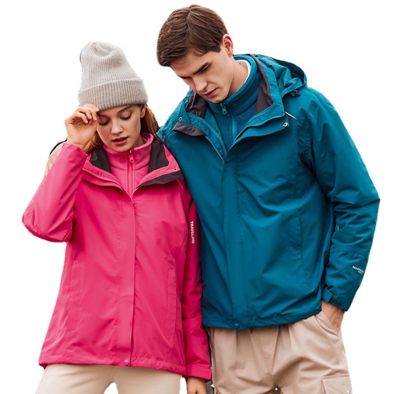 Chaqueta de pareja de doble pieza forro polar sombrero chaqueta a prueba de viento a prueba de lluvia deportes al aire libre moda casual ventas directas de fábrica