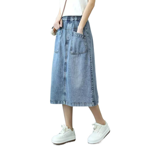 Year's Elastic Waistline Mid-length Slimming Split Denim Skirt with Large Pockets