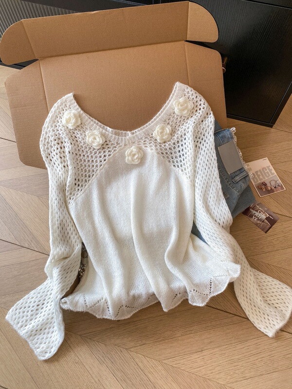 白色镂空手工立体花朵毛衣女2025秋冬甜美气质慵懒风针织衫上衣|undefined