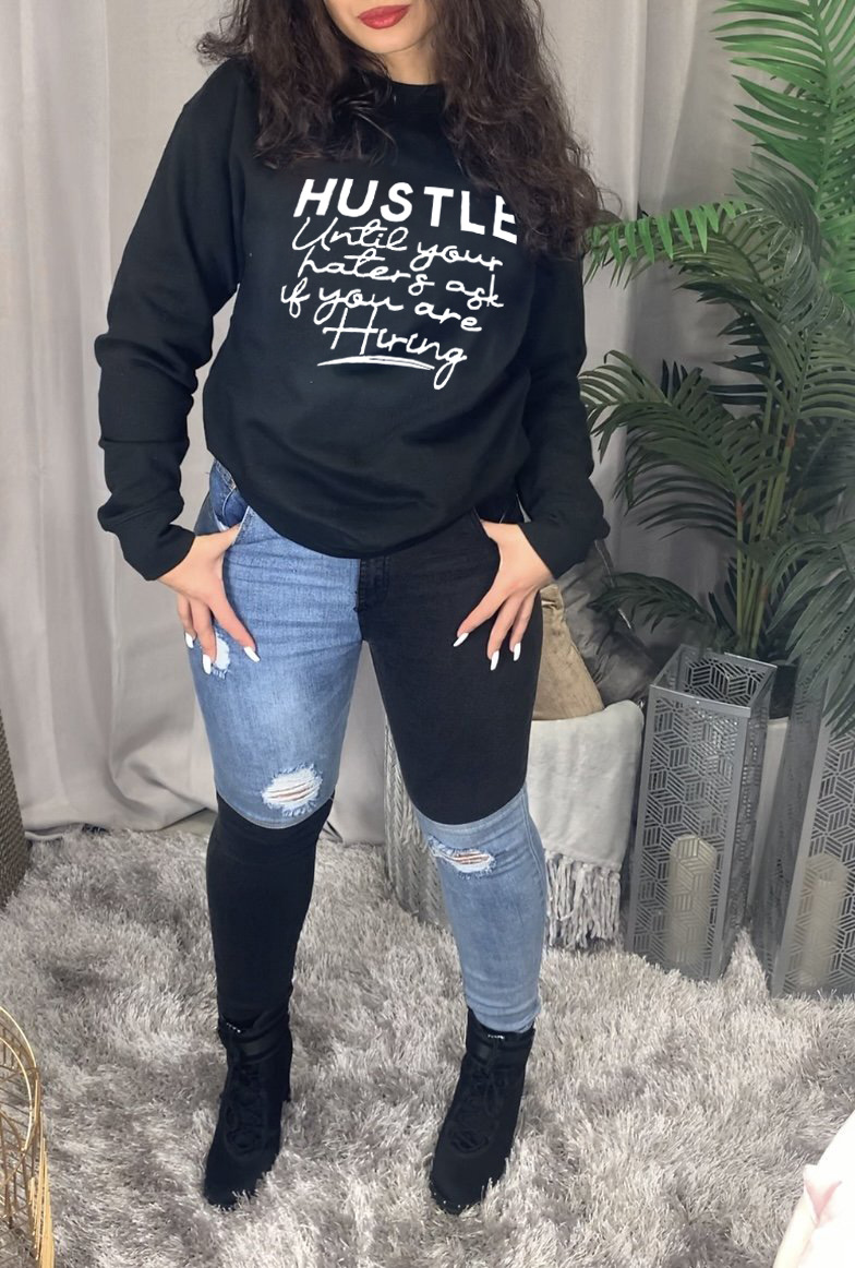 hustlk black printing letters round neck long-sleeved ladies sweatershirt nihaostyles clothing wholesale NSZZF71031