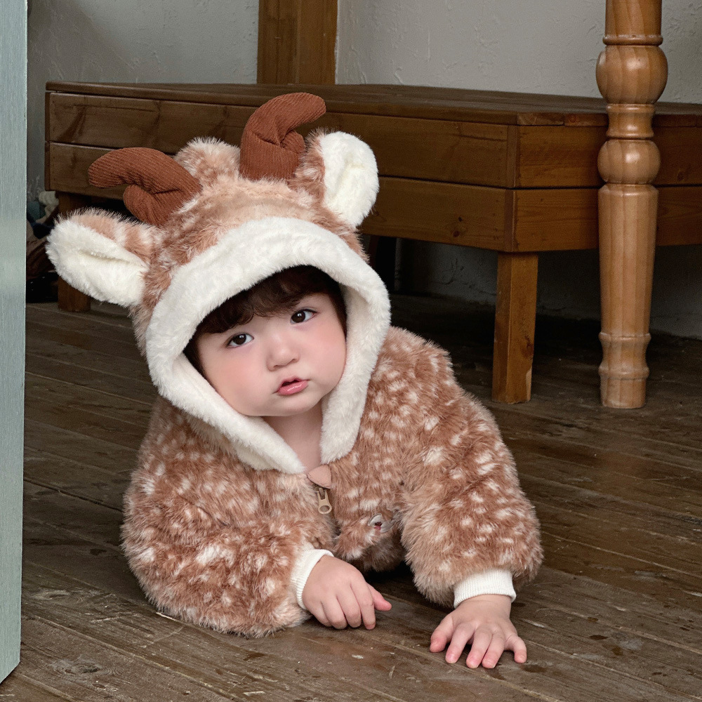 Mono de Felpa para Bebé Niño, Diseño de Ciervo, Grueso, Cálido, Cómodo, Suave y Elegante, Invierno 2025