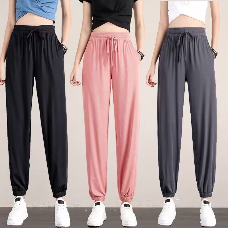 Women's Pants Summer Large Size Ice Silk Cropped Casual Pants Women's Loose Slimming Sports Harlan Pants for Children and Students Thin Trendy