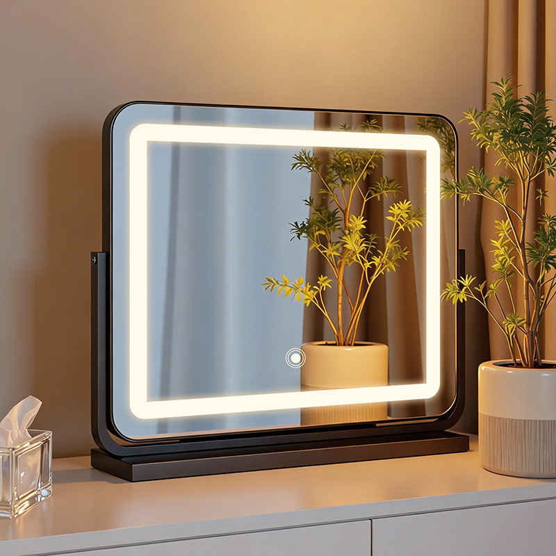 Espejo de maquillaje de escritorio con lámpara de dormitorio para niñas nuevo tocador giratorio inteligente de toque espejo de maquillaje grande