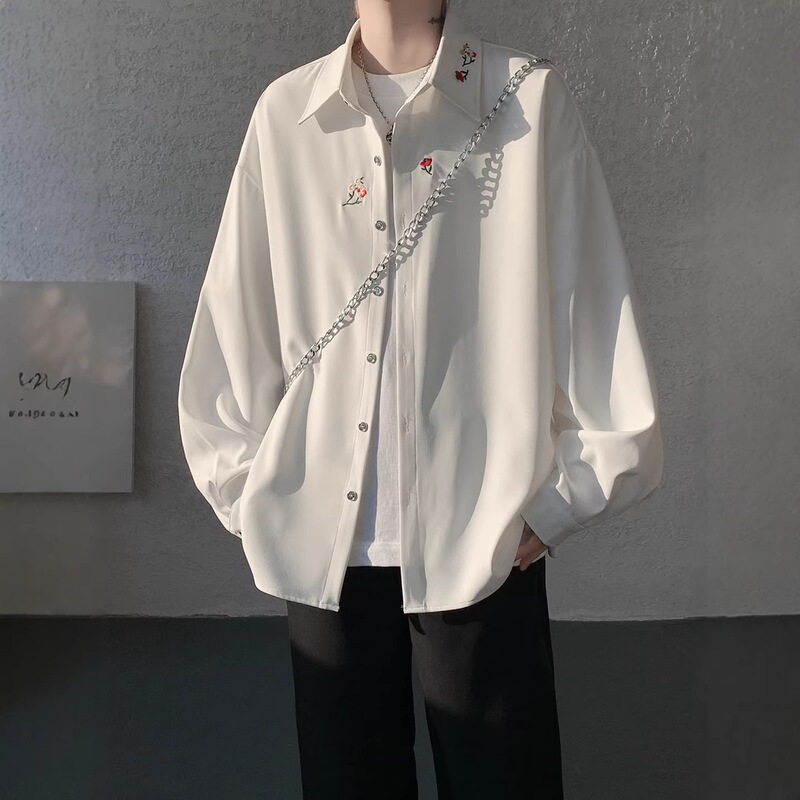 New Chinese-Style White Floral Embroidered Shirt for Men, Summer Trendy Lazy Chic Long-Sleeve Shirt, Casual Outerwear for Boys