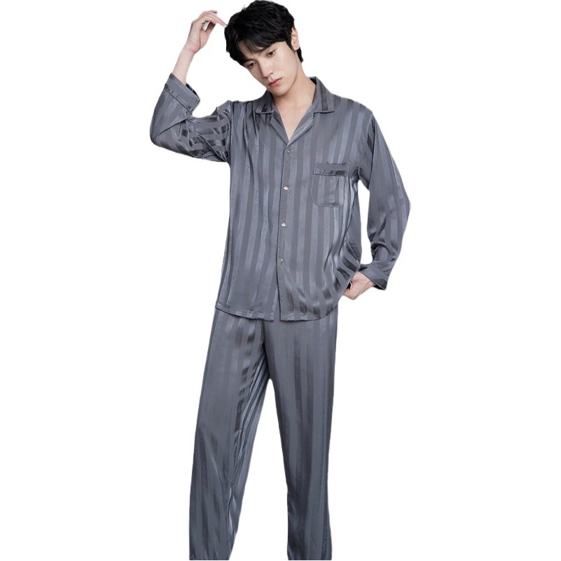 Мужские пижамы на весну и лето из ледяного шелка с длинными рукавами, кардиган в полоску, можно носить на улице, осенне-зимняя высококачественная легкая Роскошная домашняя одежда