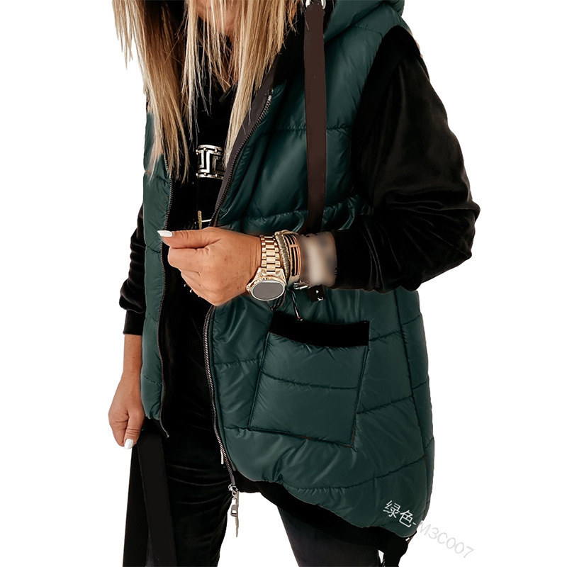 Cross-border 2023 European and American Women's Drawstring Hooded Jacket Vest Top Fashion Solid Color Slim-fit Zipper Pocket Jacket