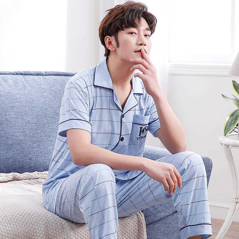 Pijamas de verano para hombre 100% algodón pantalones de manga corta verano para hombres jóvenes más tamaño Delgado homewear traje de hombre