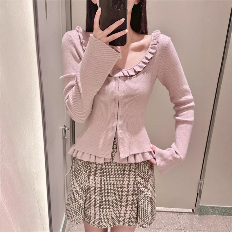 [Deshan] 2025 Autum New Japanese Style Cross-Border Sweet Fungus Lace Collar Long-Sleeved Knitwear Fake Two-Piece Set