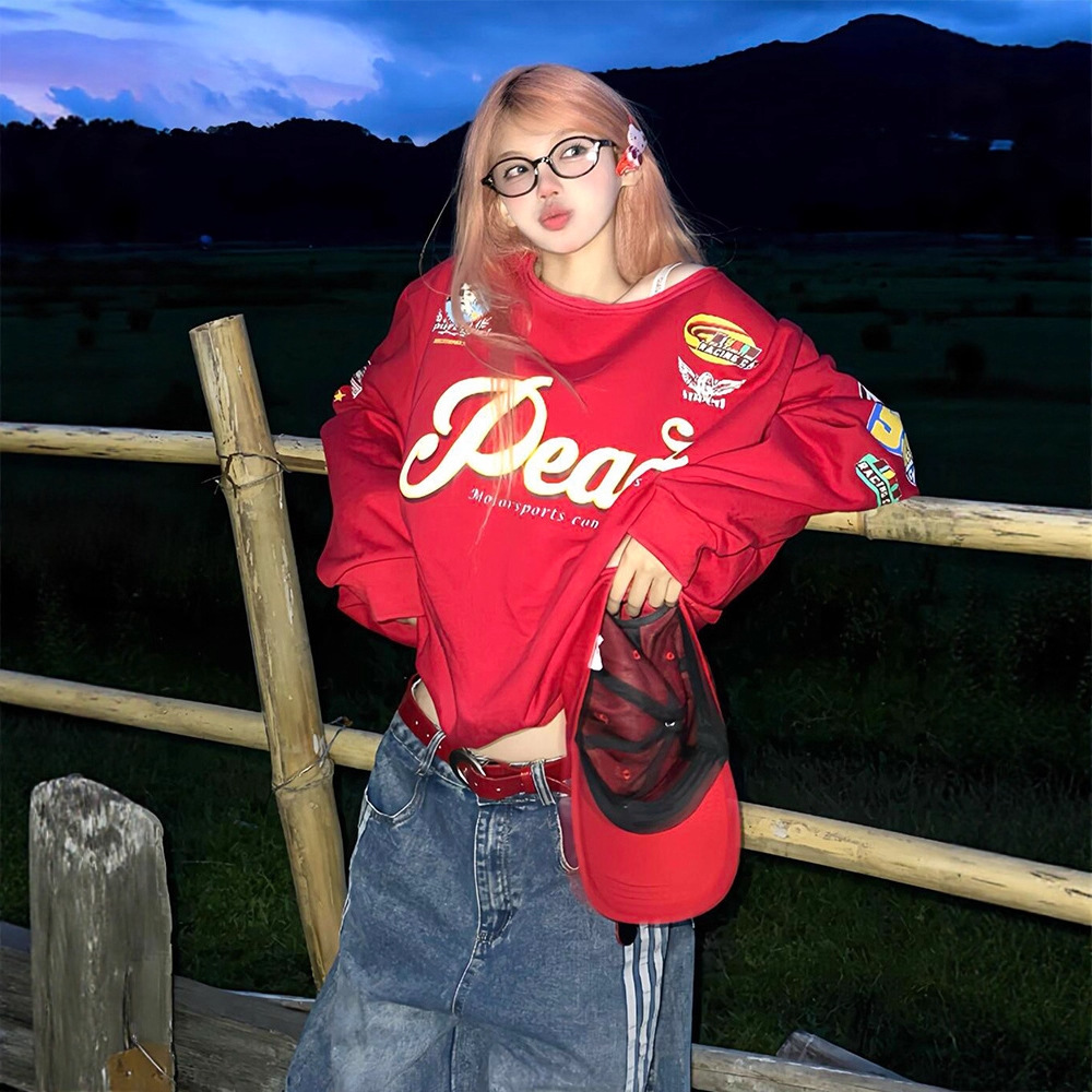 Women's Clothing Women's Red Hot Girl Off-Shoulder Sweatshirt Style Early Autumn Letter Color Block Print One-Shoulder Long Sleeve Loose Top_ecoleips.com