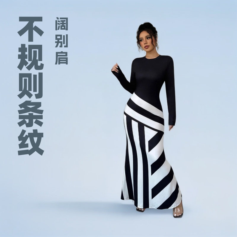 2025 European and American Cross-Border Autumn and Winter New Sexy Asymmetrical Collar Asymmetrical Stripesd Mermaid Hem Dress