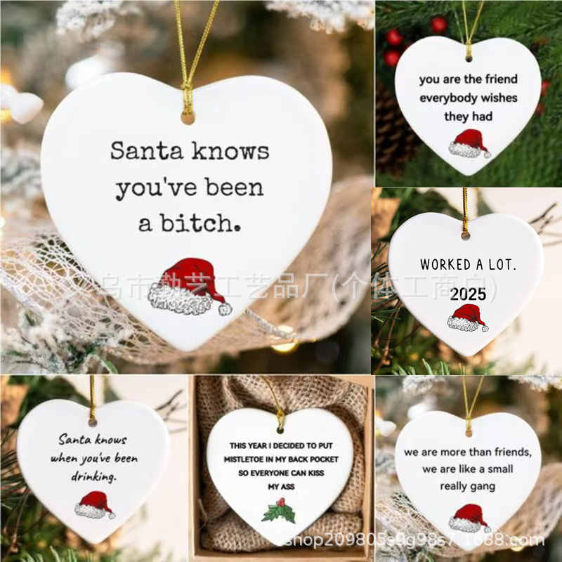 独立ステーショナリーChristmas Funny Heart Shaped Ornamentホワイトセラミックハート型ストラップ|undefined