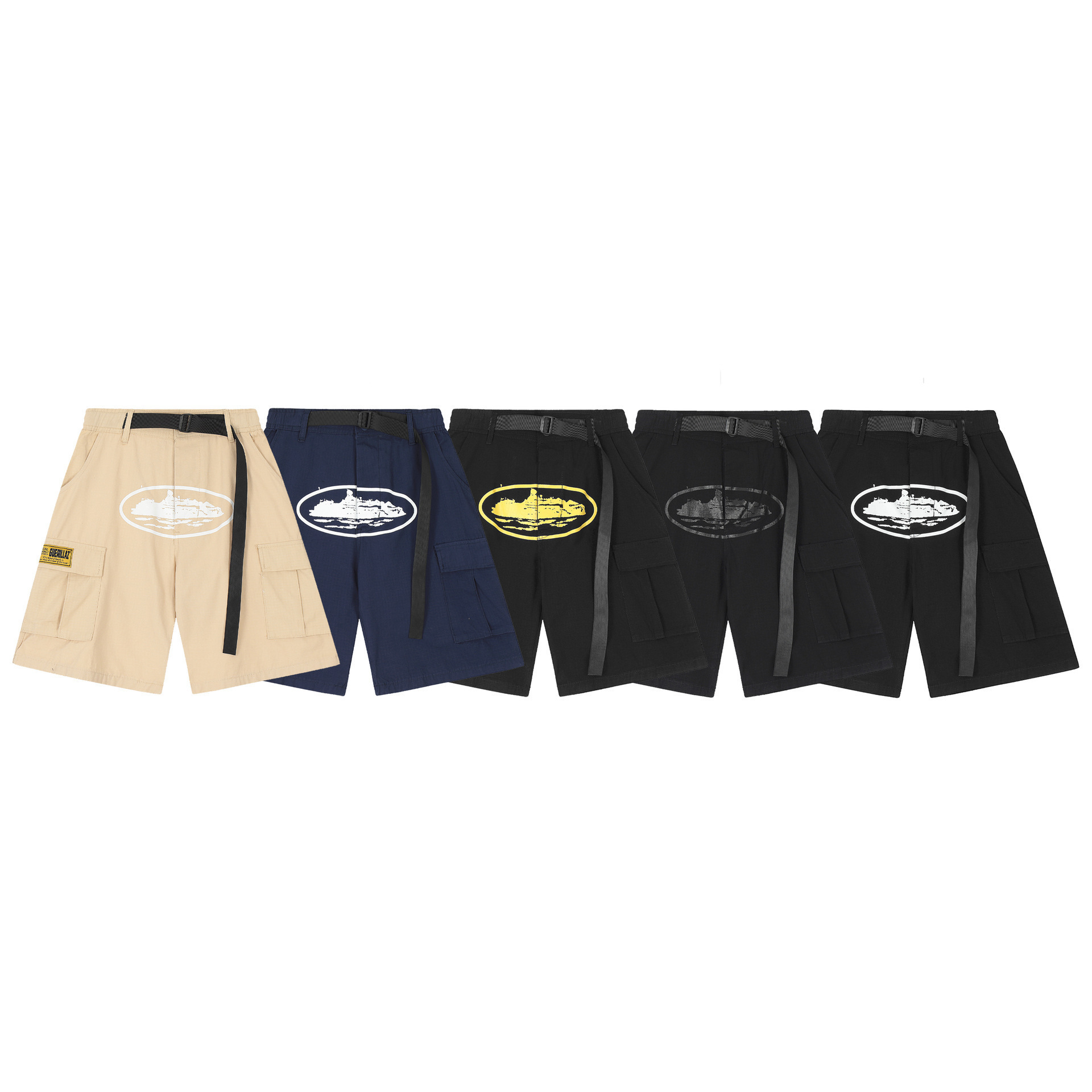 American Trendy Street Hip-Hop High Street Loose Casual Printed Multi-Pocket Cargo Shorts Men's Casual Pants Solid Color