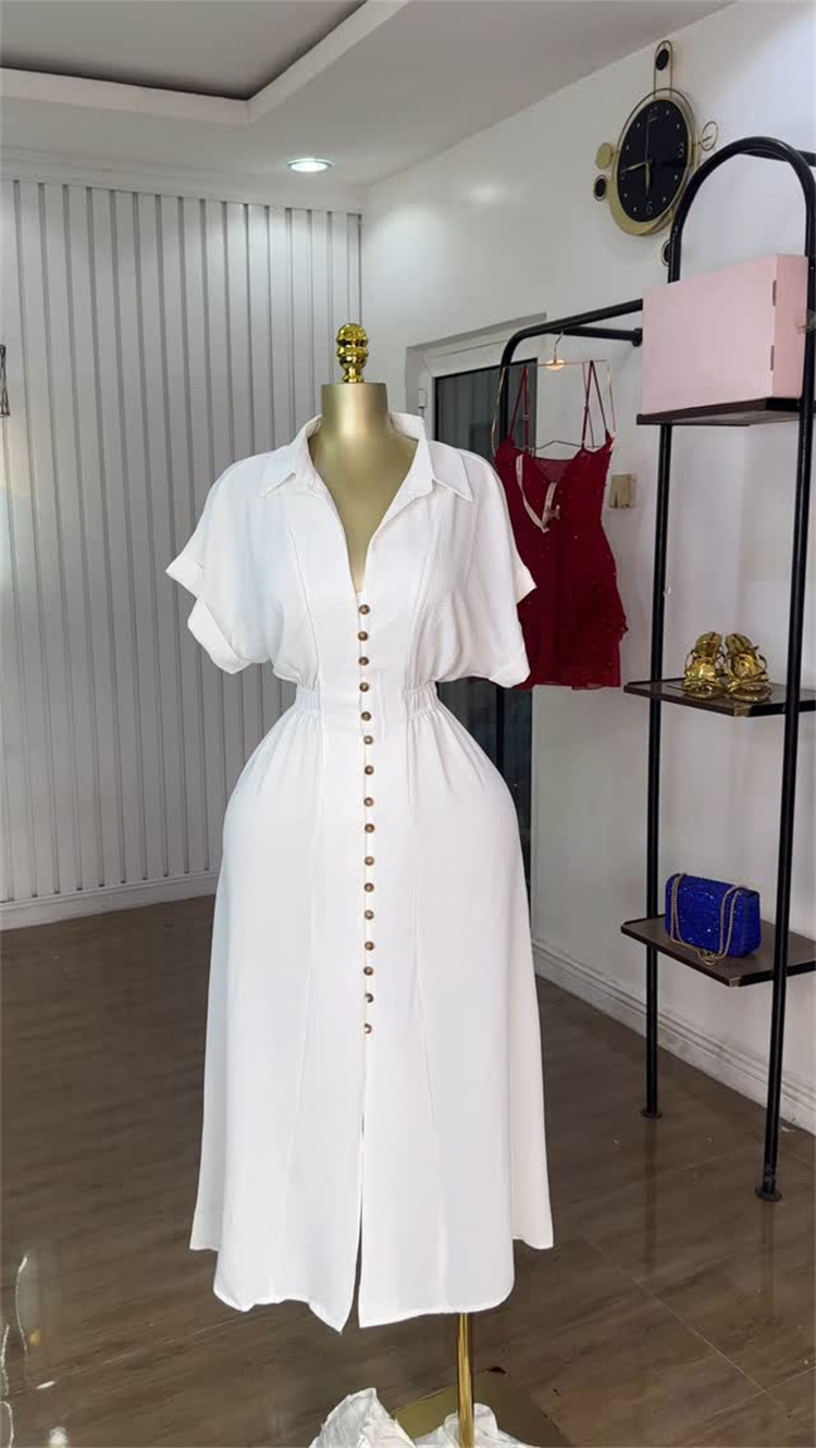 Women's Clothing Summer Fashion Shirt Dress American Style Lapel Short Sleeved Single Breasted Waist Cut Slit_ecoleips.com